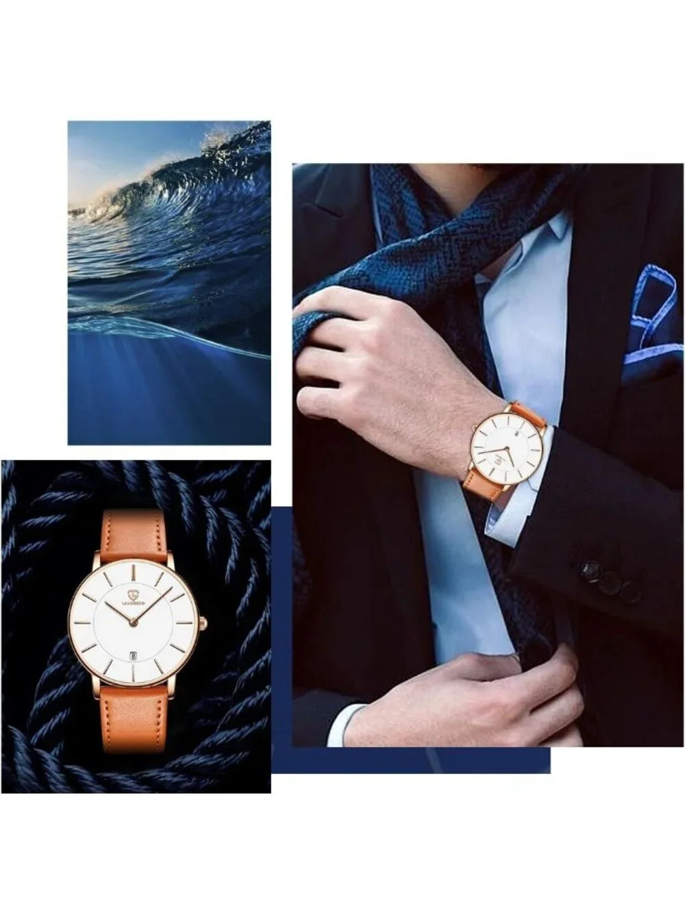 Men's Orange White Leather Strap Analog Minimalist Fashion Simple Wrist Watch